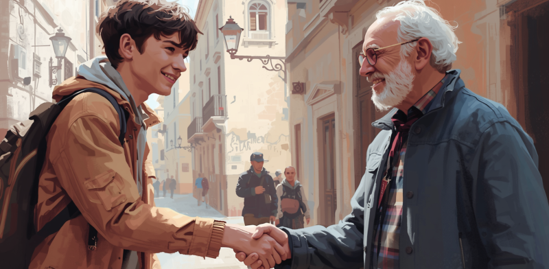 Imagen de una persona mayor y una persona joven que se dan la mano con un entorno urbano de fondo